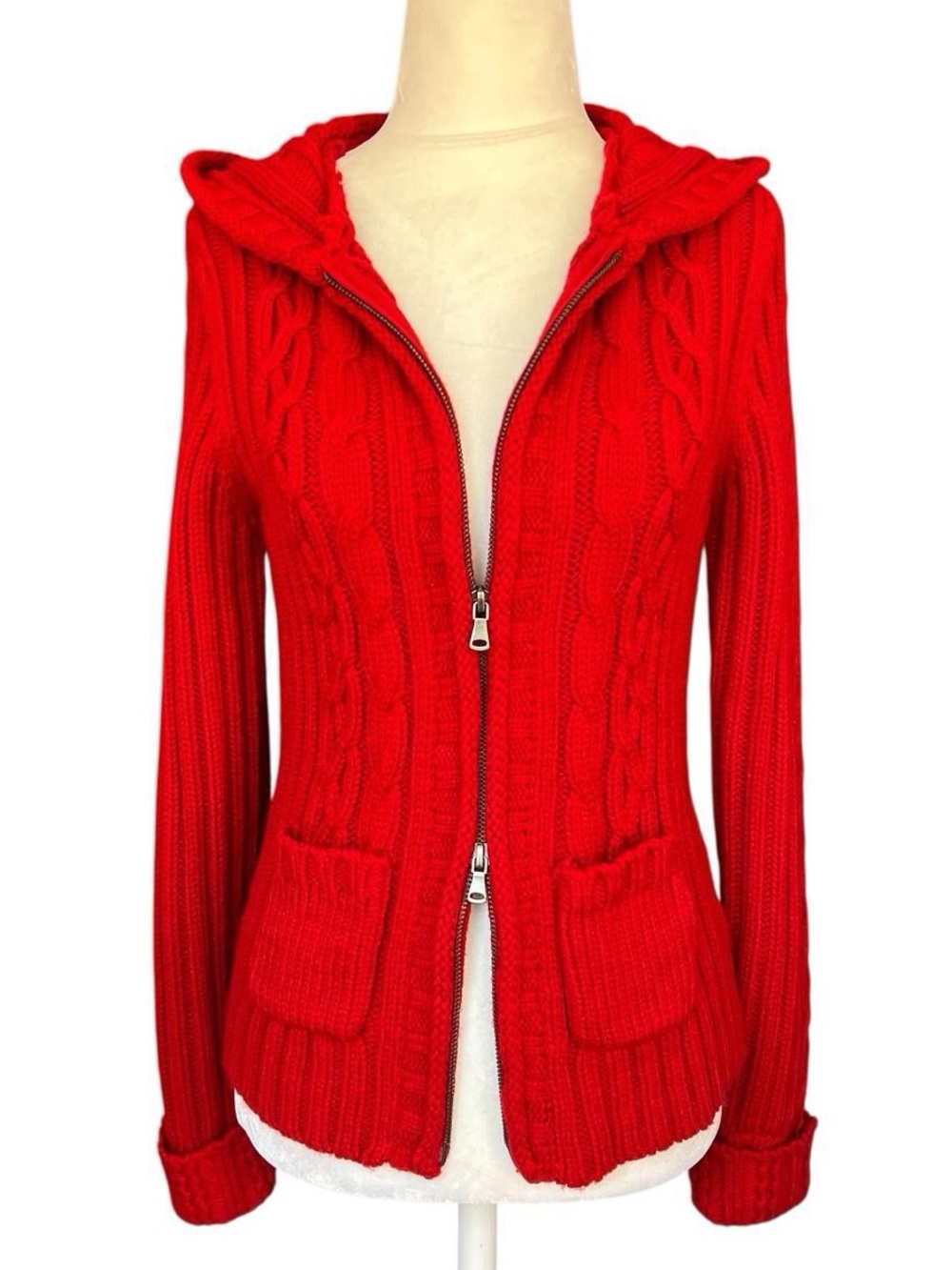 Arizona Cable Knit Zip-Up Hoodie Sweater Red XS
